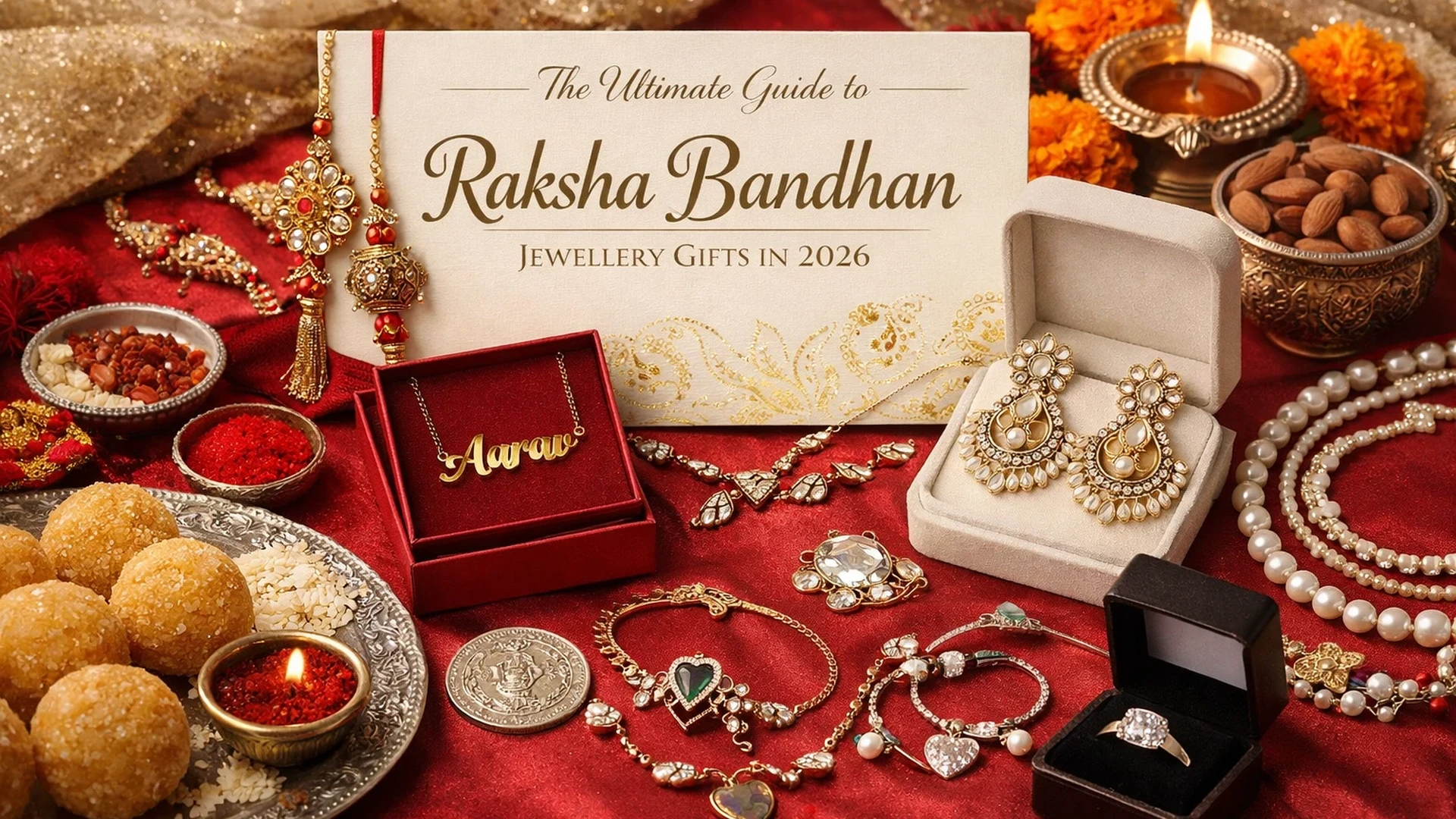Festive Raksha Bandhan setup featuring traditional sweets, diya lamps, and decorative thali arranged on a red cloth, alongside elegant jewellery gifts including earrings, bracelets, rings, and a personalized name necklace displayed in open boxes, creating a warm and celebratory gifting scene.