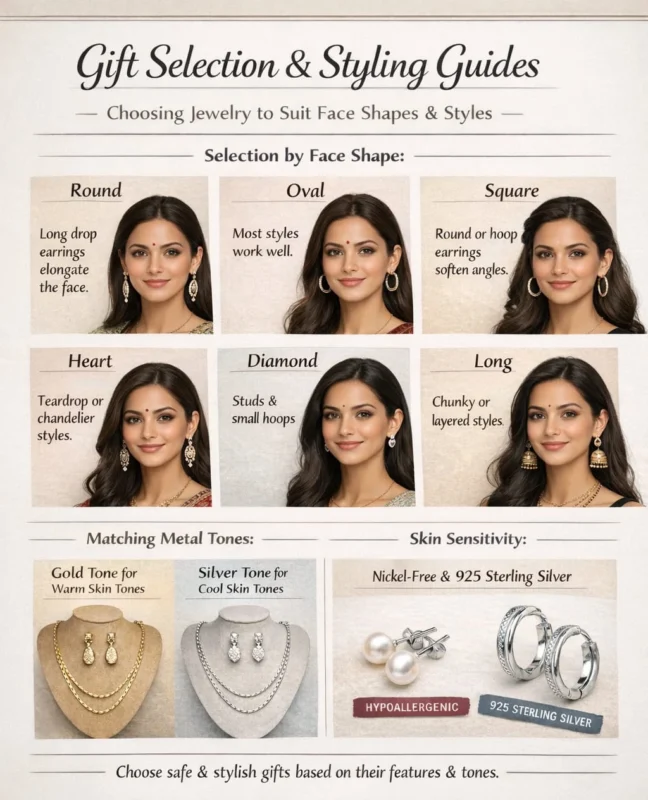 Choosing Jewelry to Suit Face Shapes & Styles.” It shows six face shapes (round, oval, square, heart, diamond, long) with a woman modeling each and matching earring recommendations: long drops for round, most styles for oval, hoops for square, teardrop/chandelier for heart, studs/small hoops for diamond, and chunky/layered styles for long. Below, it compares metal tones—gold for warm skin tones and silver for cool skin tones—and highlights hypoallergenic, nickel-free 925 sterling silver options.