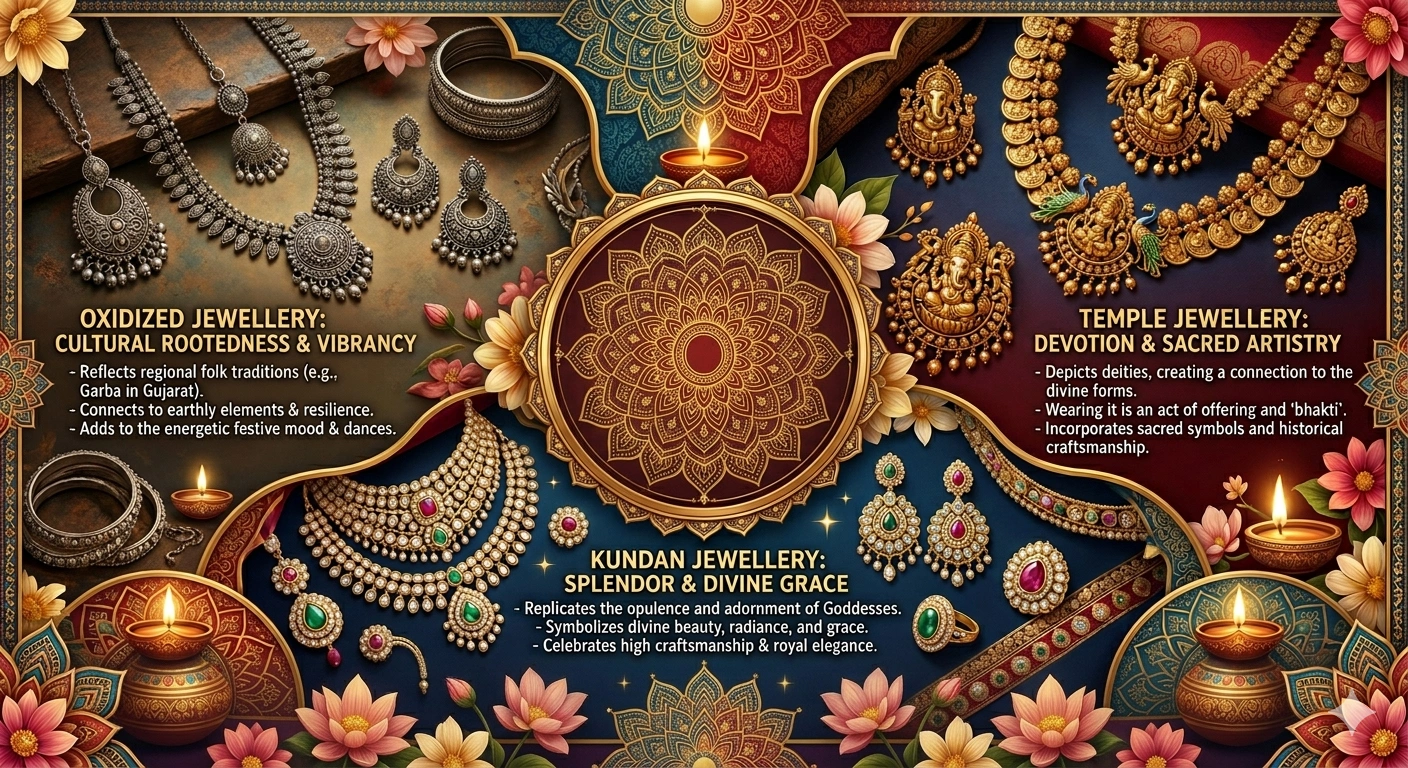 Infographic showcasing three styles of traditional Indian jewellery — oxidised, kundan, and temple jewellery — with ornate mandala patterns, diyas, and floral motifs.