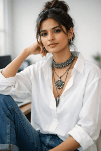 Minimal oxidised necklace styled with white shirt and jeans for a modern office look