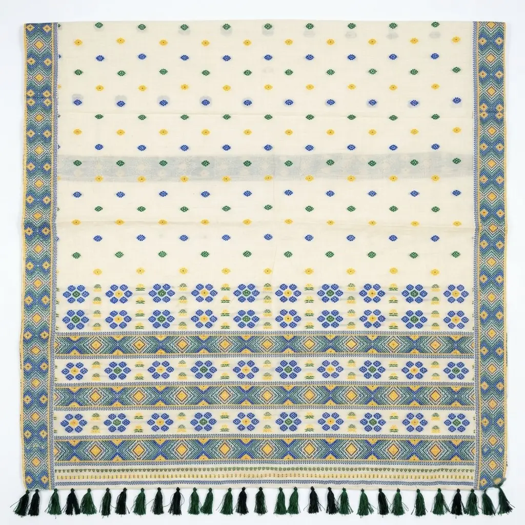 Off White & Blue Bamboo Cotton Assamese Saree Off-white bamboo cotton Assamese saree with woven blue and green floral designs and fringe tassels.