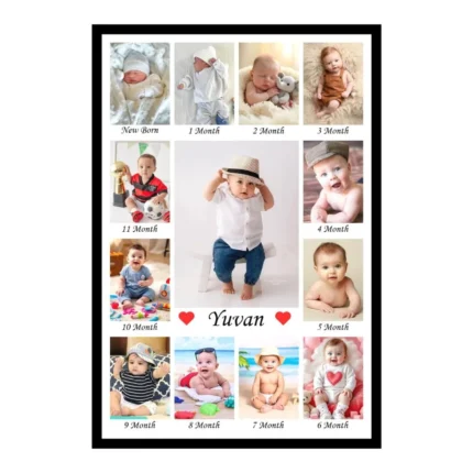 Black photo frame collage with 13 baby photos from newborn to 11 months with customized name at bottom.