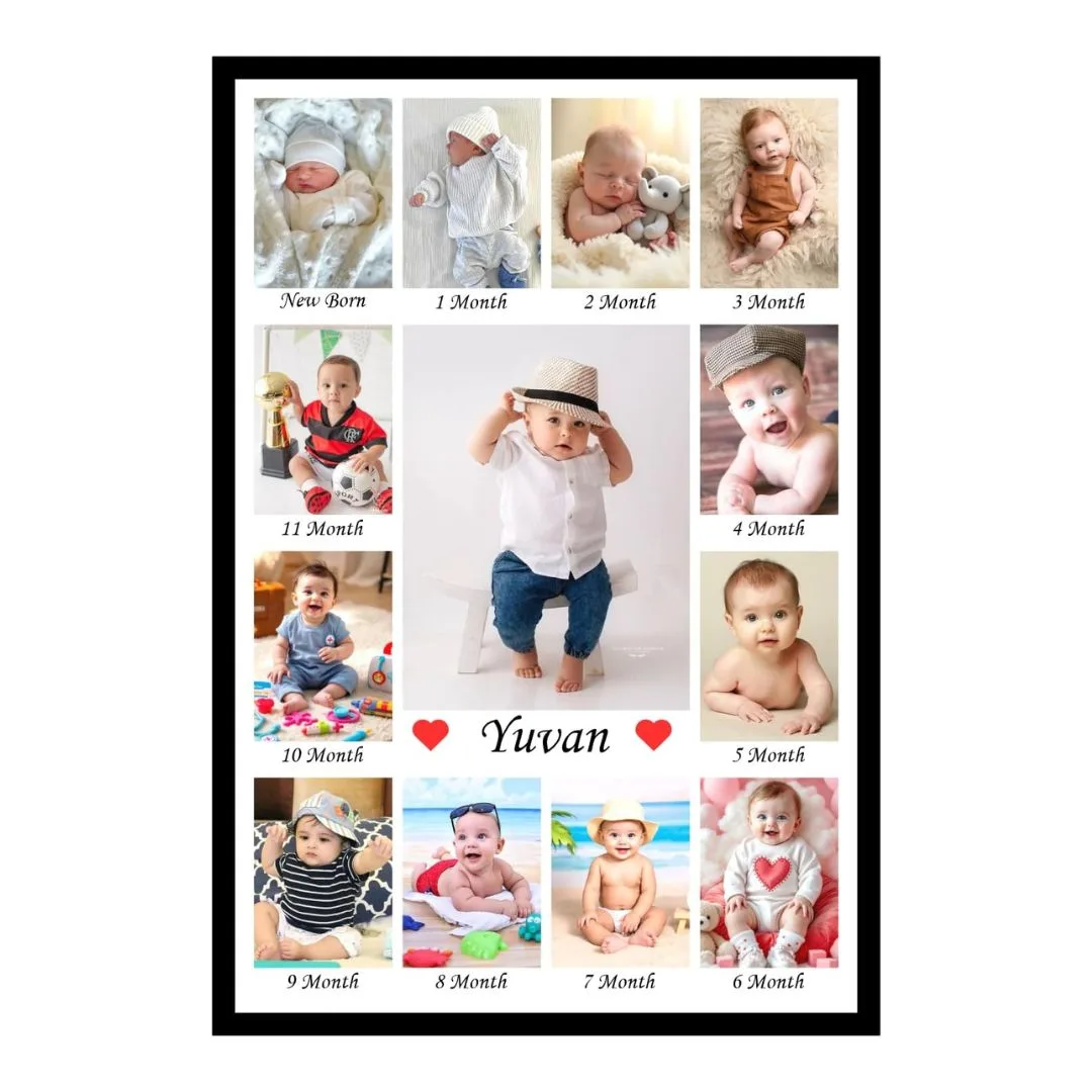 Personalized Baby First Year Photo Collage Frame Black photo frame collage with 13 baby photos from newborn to 11 months with customized name at bottom.