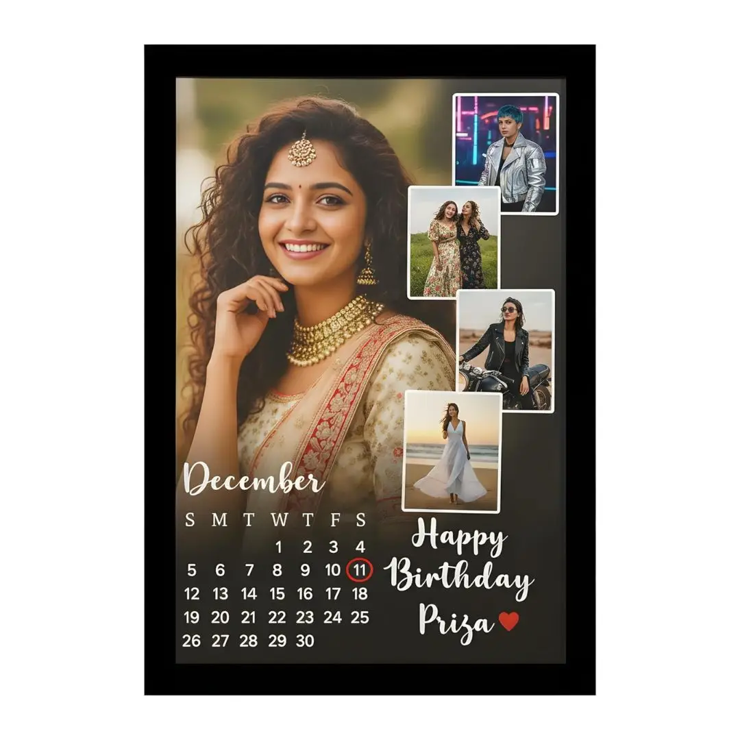 Personalized Birthday Calendar Photo Frame Custom Black Birthday Calendar Photo Frame with 5 Photos and Red Circle for Special Date.