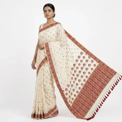 Woman Wearing Off white bamboo cotton saree with red geometric woven borders and red tassels