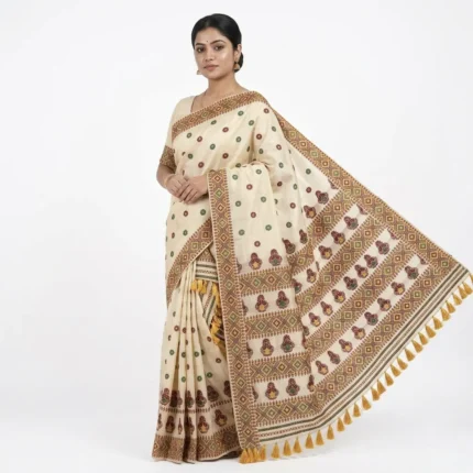 Woman Wearing Closeup of off white bamboo cotton saree with green and maroon patterns and yellow tassels.