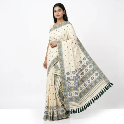 Woman Wearing Off-white bamboo cotton Assamese saree with woven blue and green floral designs and fringe tassels.