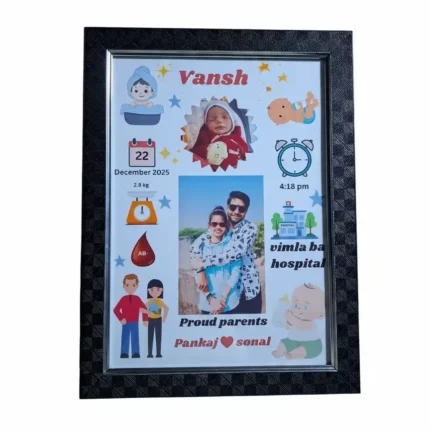 Personalized Baby Boy Birth Announcement Milestone Photo Frame with Birth Stats like Date, Weight, Time and Custom Photos.