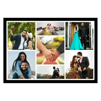 Premium black bordered multi photo collage frame with 7 pictures of a romantic couple in various locations.