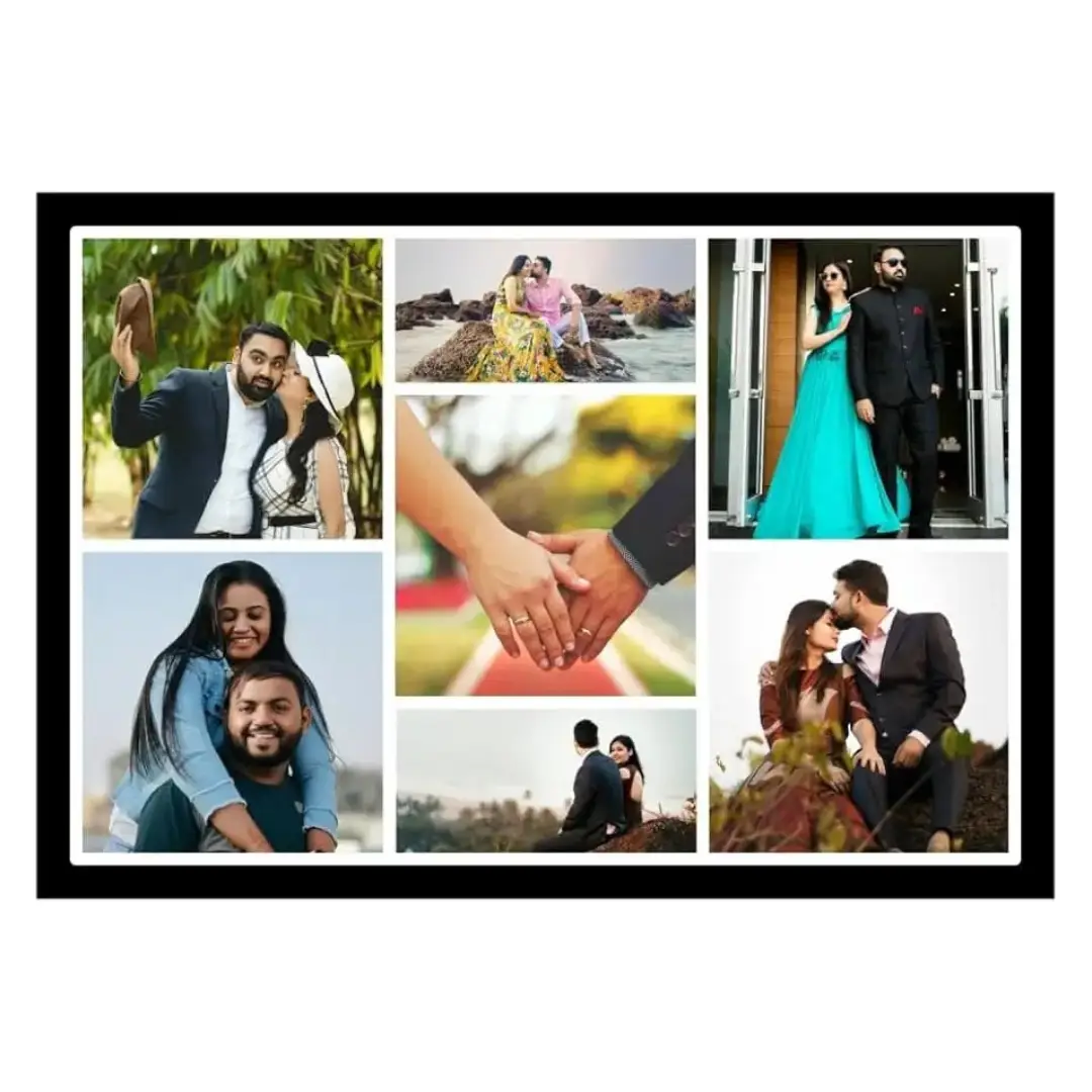 couple-photo-collage-frame-gif27 Premium black bordered multi photo collage frame with 7 pictures of a romantic couple in various locations.
