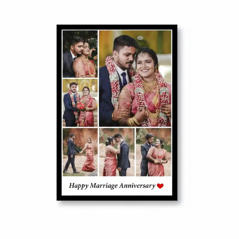 happy-marriage-anniversary-6-photo-frame-gif30 Custom photo frame for anniversary, collage of 6 traditional wedding photos, text "Happy Marriage Anniversary" at the bottom.