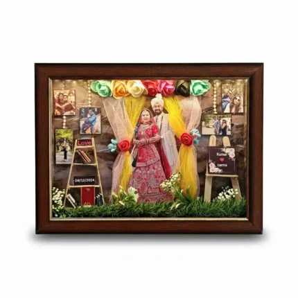 This beautiful 3D wedding shadow box frame is illuminated with warm LED lights, and features a couple cutout in traditional attire, mini drapes, and a customized milestone ladder.