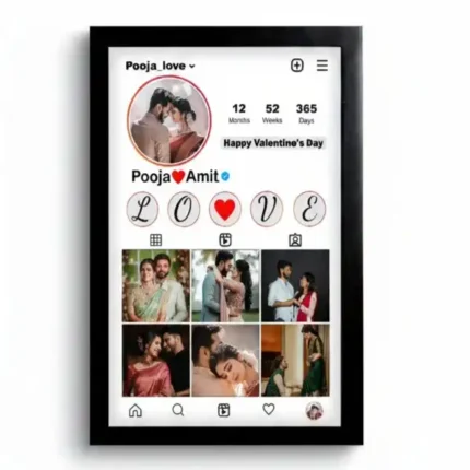 Custom text, highlights and grid of 6 photos feed. A personalized creative couple photo frame designed like an Instagram user profile interface.