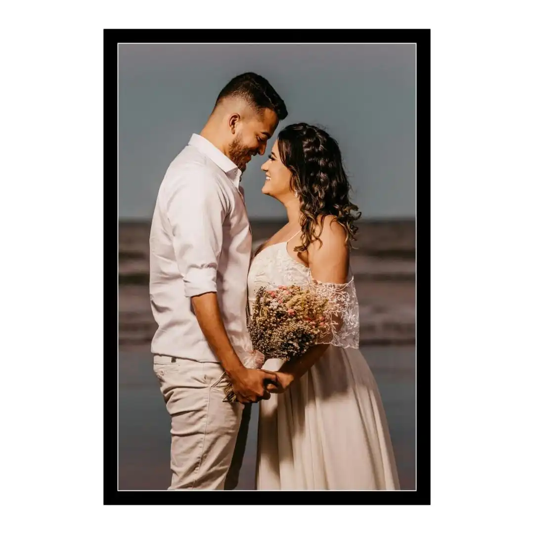 romantic-couple-single-portrait-wall-frame-gif37 Premium single photo wall frame with a wide white matte border around a romantic wedding couple profile picture.