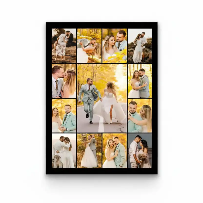 wedding-13-photo-collage-wall-frame-gif29 Large premium black wall frame with a 13 photo collage grid full of beautiful wedding and couple outdoor photography.