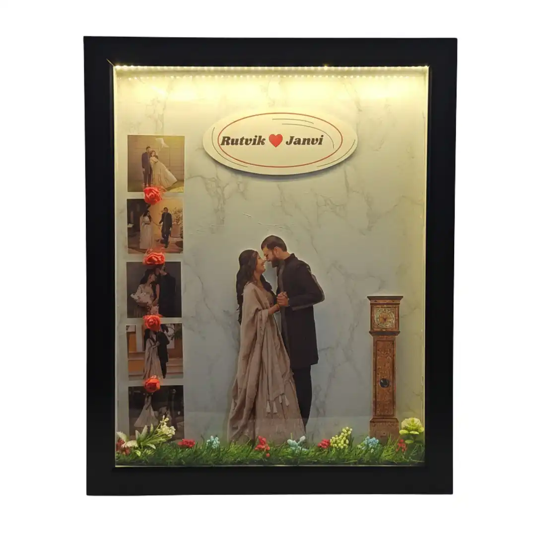antique-clock-3d-miniature-led-frame-gif45 A black 3d shadow box frame with top led lights showing a couple cutout, an oval name sign for rutvik and janvi and a miniature antique antique clock.