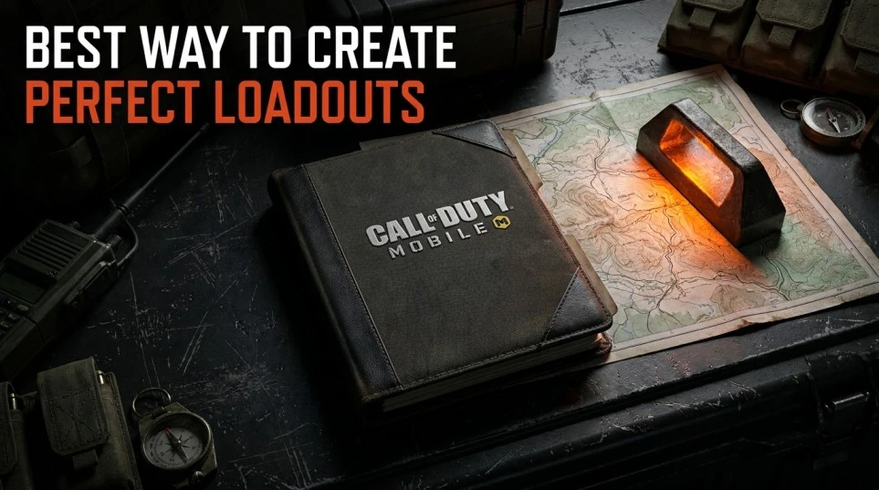 Call of Duty logo embossed on a dark tactical briefing folder with text 'Best Way to Create Perfect Loadouts' on a military operations table
